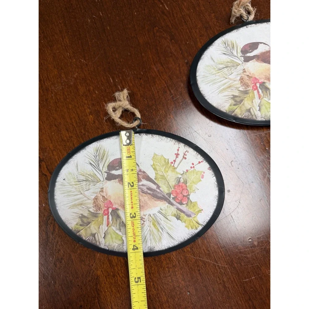 Set of 2 Winter Chickadee Bird Metal Oval Ornaments Christmas Farmhouse Decor